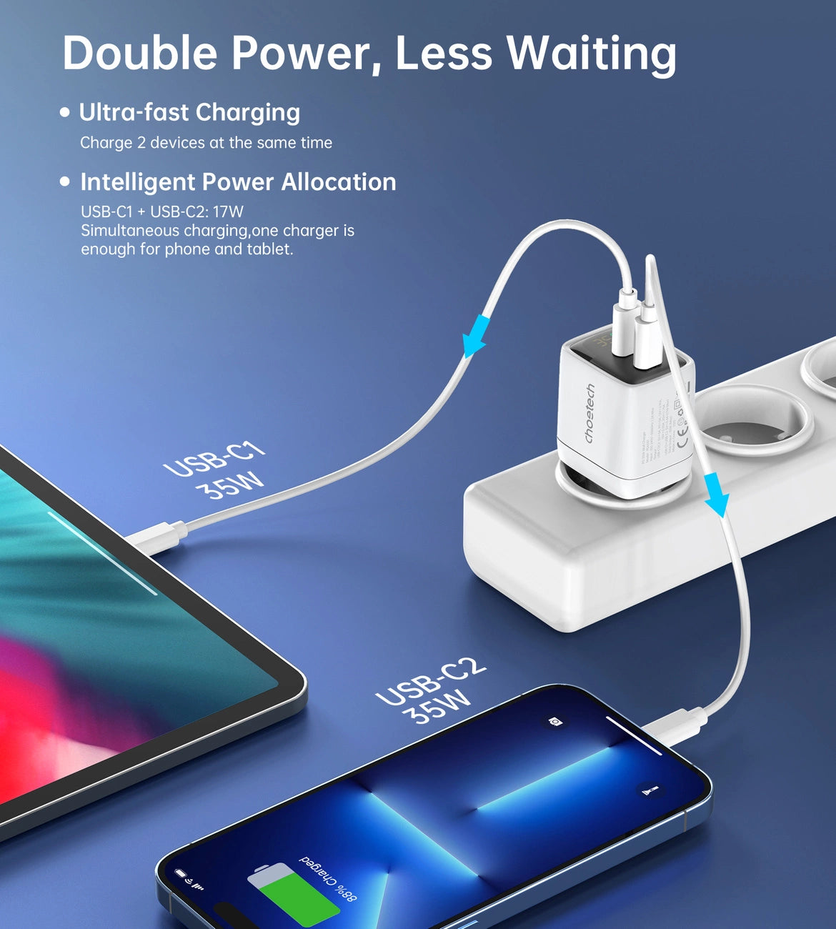 Choetech PD6051 2x USB-C PD 35W GaN vægoplader med display - hvid