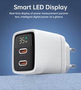 Choetech PD6051 2x USB-C PD 35W GaN vægoplader med display - hvid