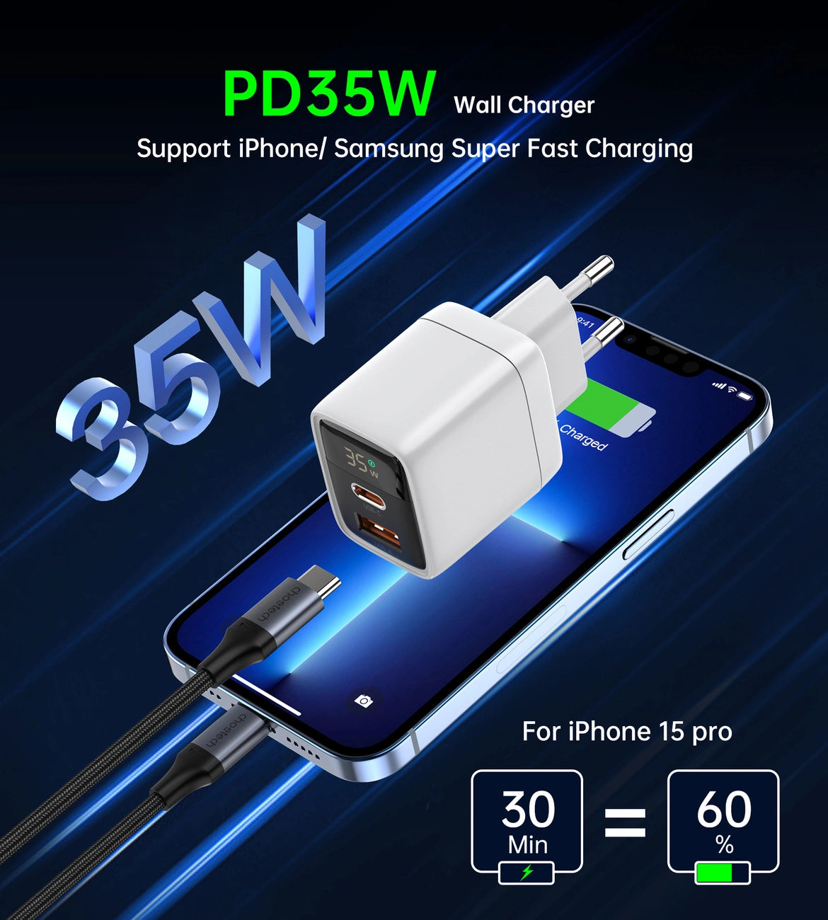 Choetech PD6052 USB-C USB-A PD 35W GaN vægoplader med display - hvid