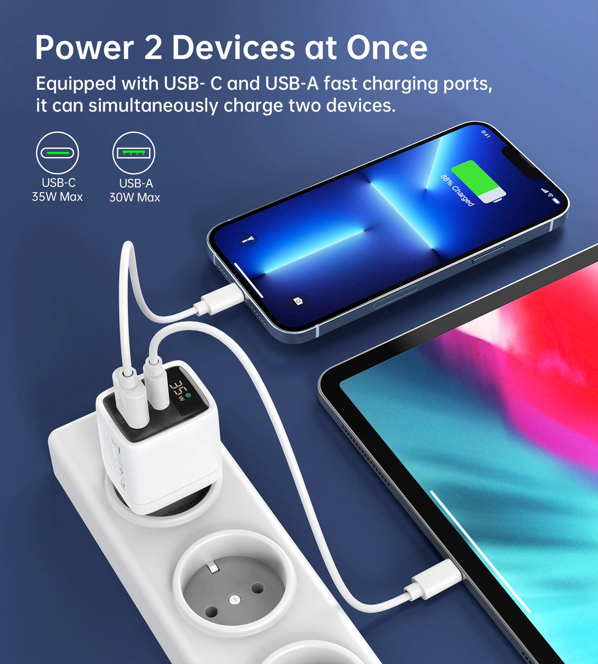 Choetech PD6052 USB-C USB-A PD 35W GaN vægoplader med display - hvid