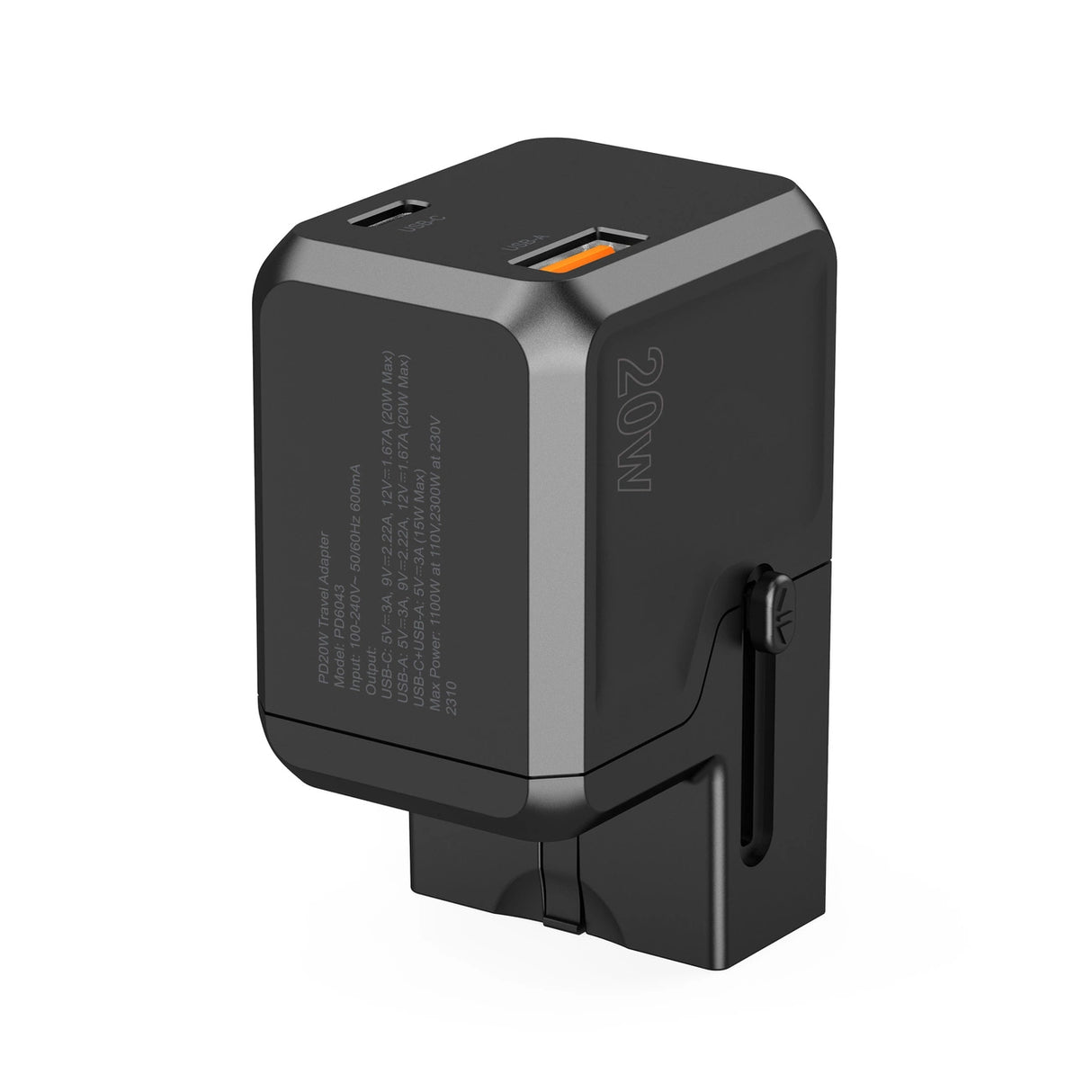 Choetech PD6038 USB-C USB-A PD 20W Travel Charger USA EU UK AU - sort