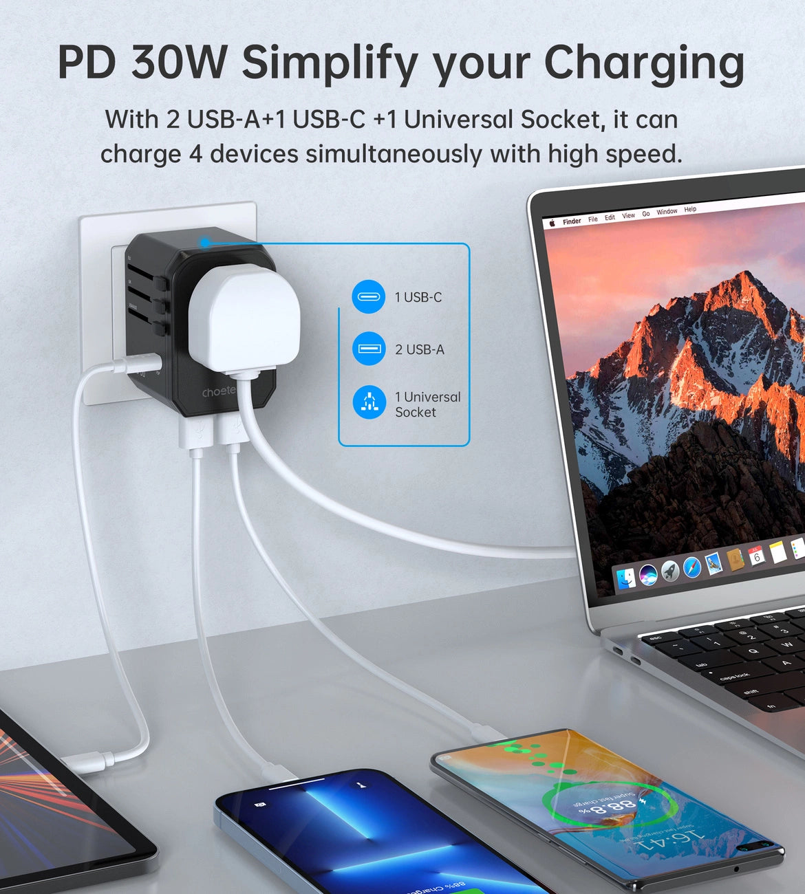 Choetech PD6041 USB-C USB-A PD 30W Travel Charger med 4 stik USA EU UK AU - sort