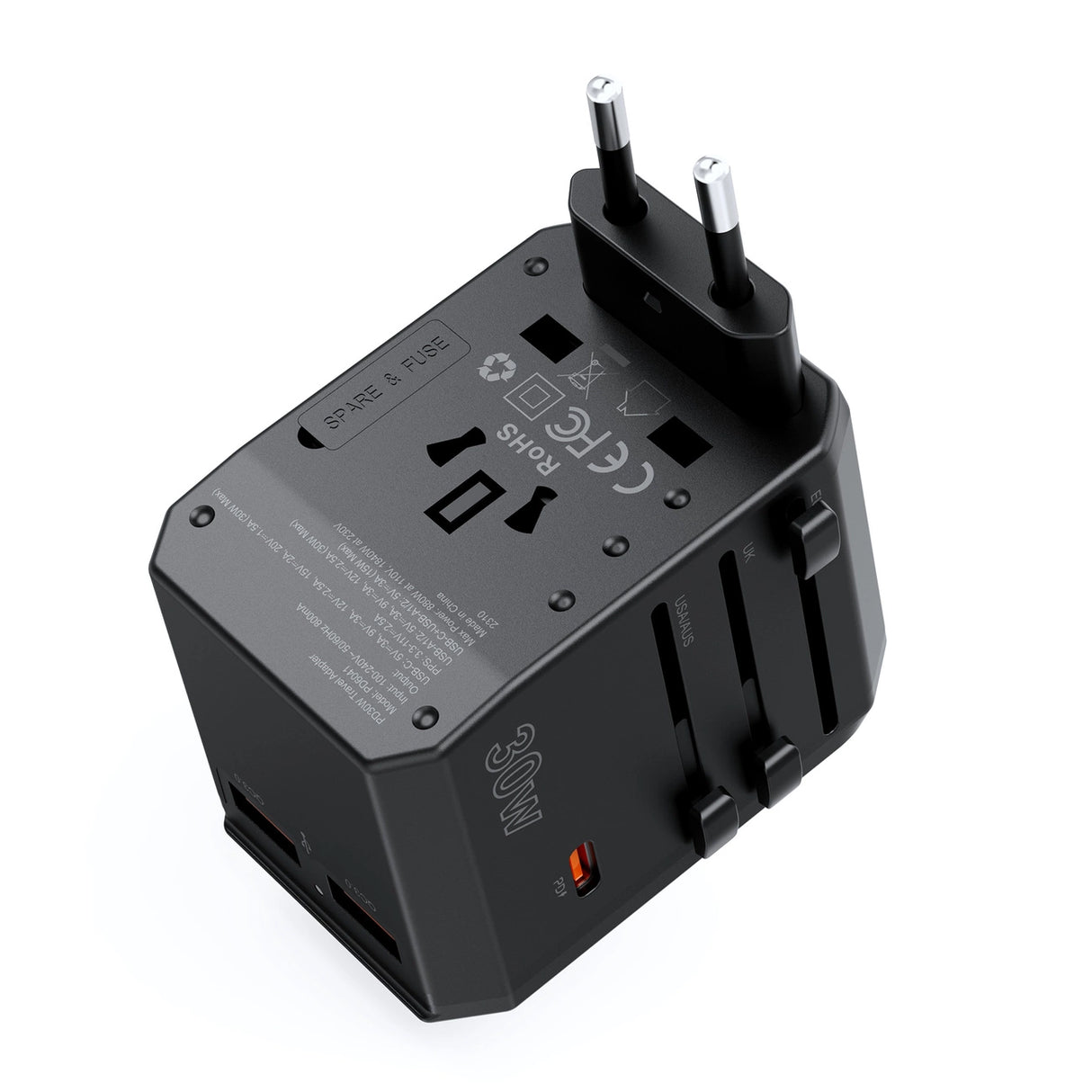 Choetech PD6041 USB-C USB-A PD 30W Travel Charger med 4 stik USA EU UK AU - sort