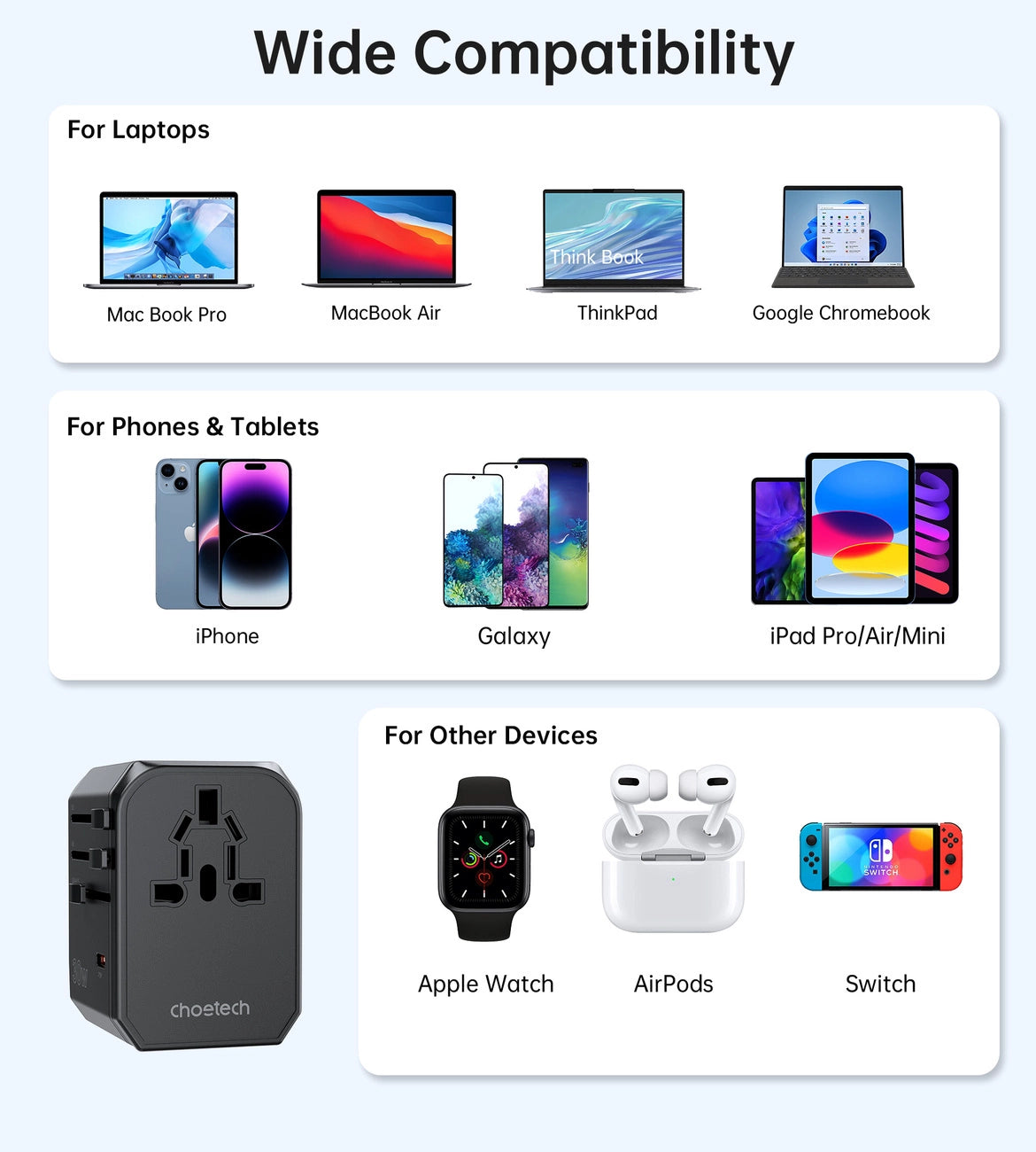 Choetech PD6041 USB-C USB-A PD 30W Travel Charger med 4 stik USA EU UK AU - sort