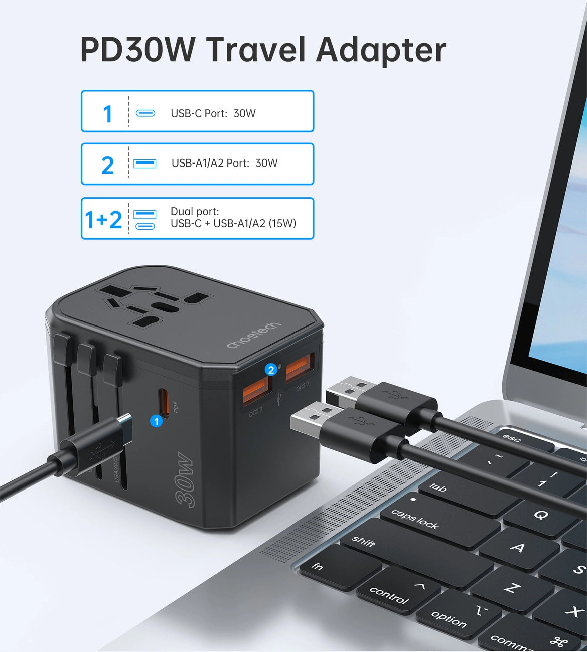 Choetech PD6041 USB-C USB-A PD 30W Travel Charger med 4 stik USA EU UK AU - sort