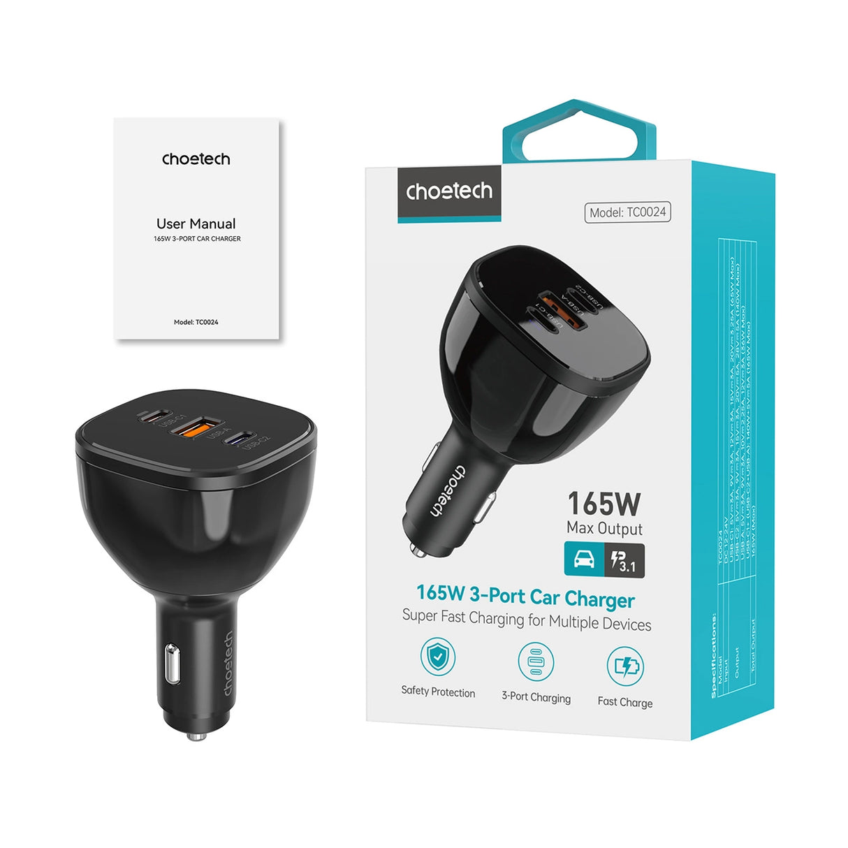 Choetech TC0024 biloplader 160W 2x USB-C PD 3.1 1x USB-A - sort