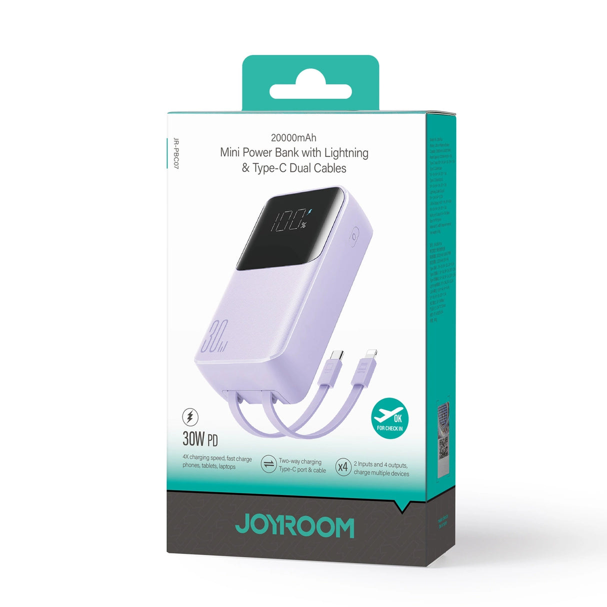 Joyroom JR-PBC07 20000mAh 30W mini power bank med USB-C og Lightning kabler - lilla
