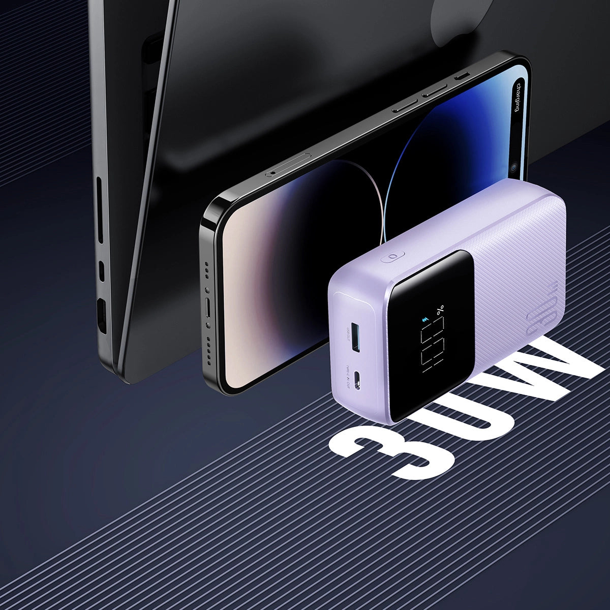 Joyroom JR-PBC07 20000mAh 30W mini power bank med USB-C og Lightning kabler - lilla