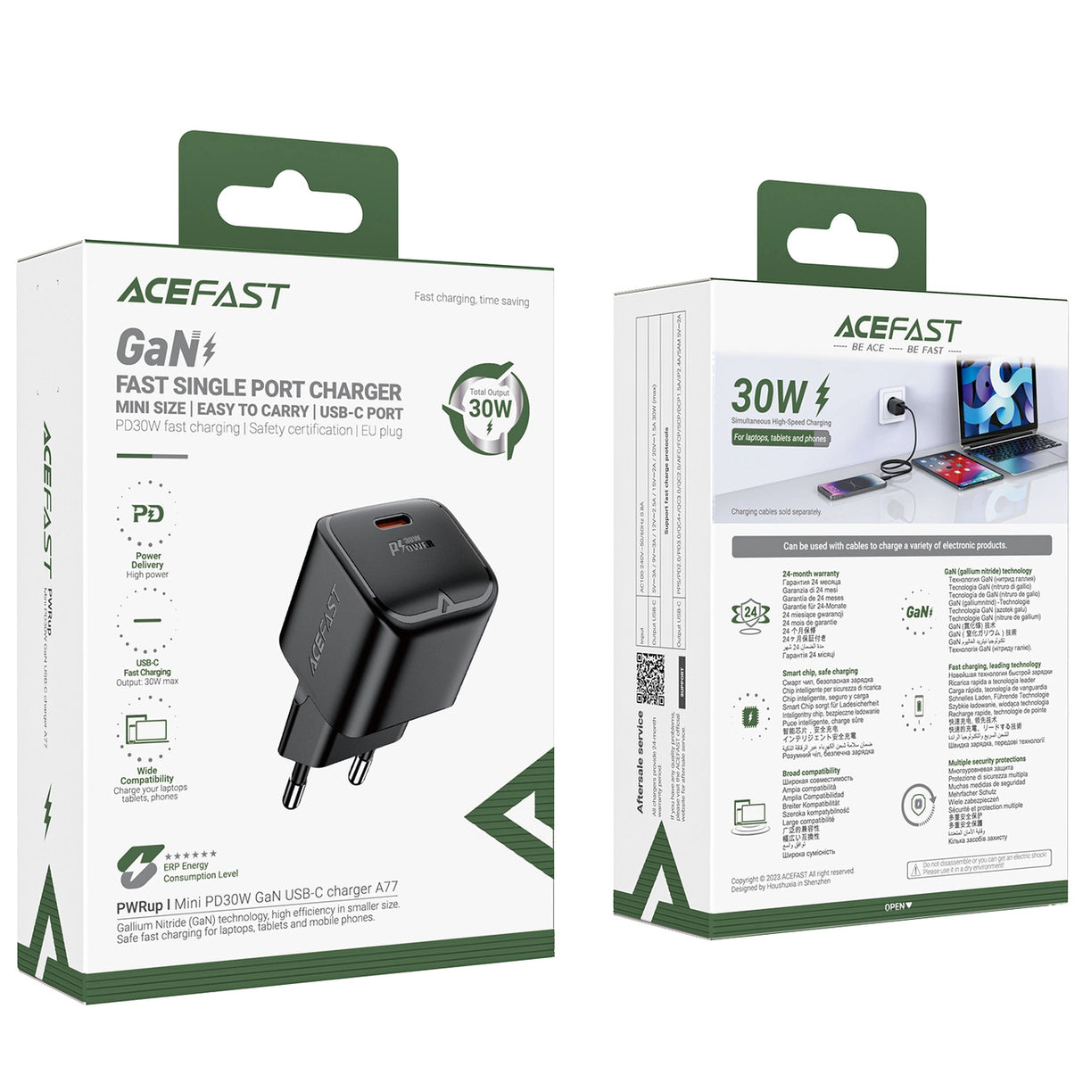 Acefast A77 Mini PD 30W GaN USB-C vægoplader - sort