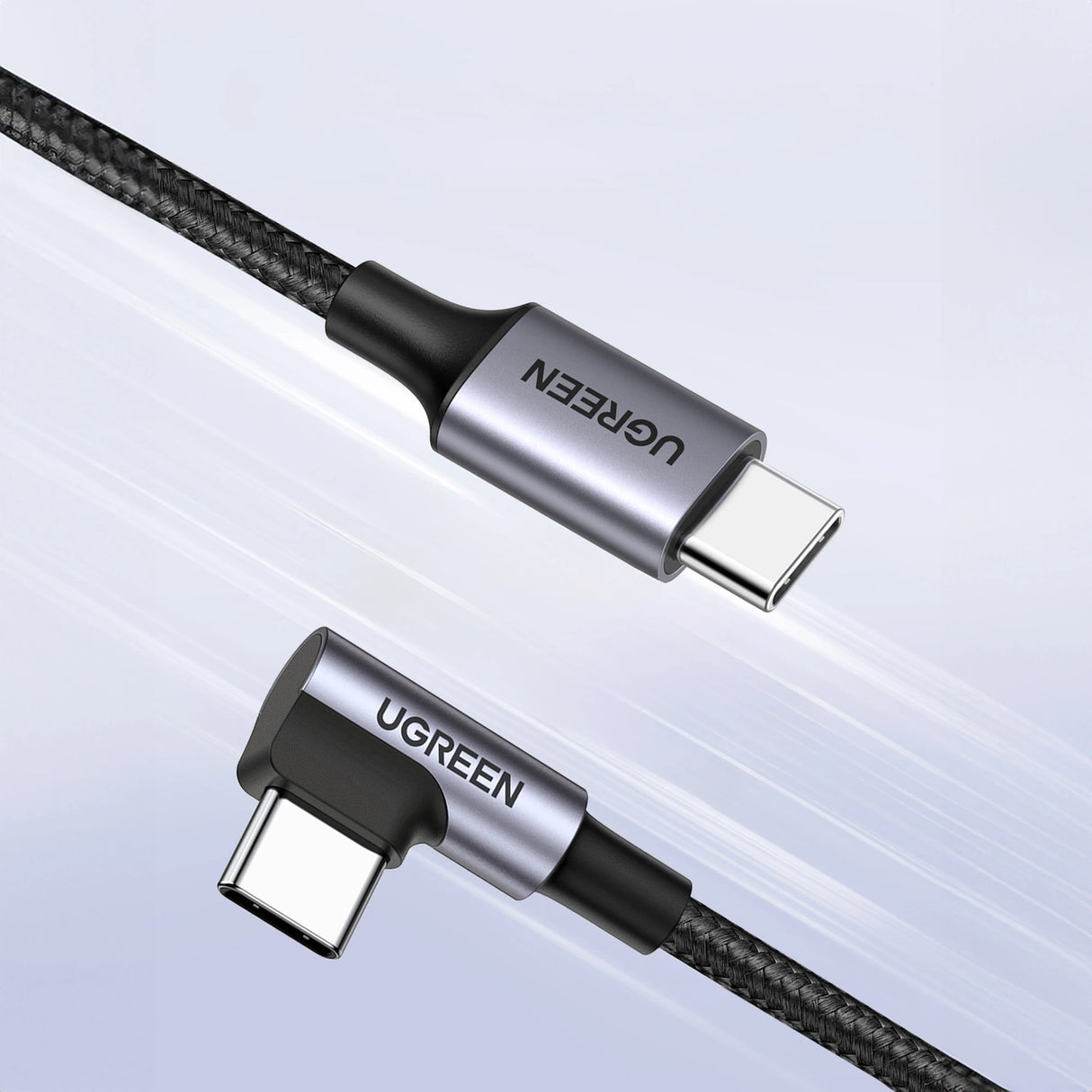 Ugreen US255 50122 USB-C (ret) / USB-C (vinklet) PD QC-kabel 60W 3A 0,5m - grå