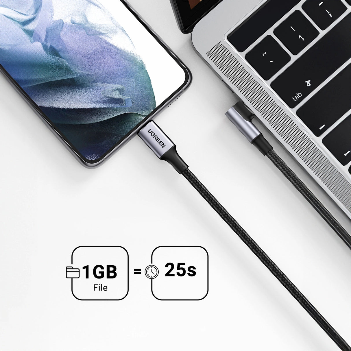 Ugreen US334 70645 USB-C (vinklet) / USB-C (ret) kabel 100W PD 2m - sort