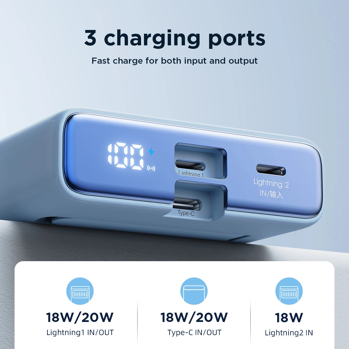 Powerbank Joyroom JR-PBM01 magnetisk 10000mAh 20W med stativ + Lightning kabel - USB-C - blå