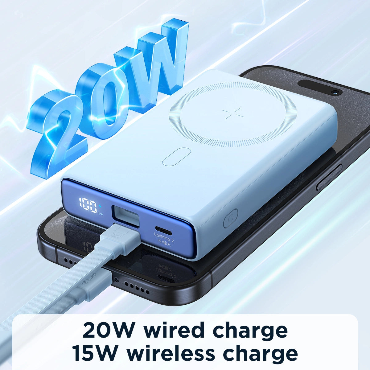 Powerbank Joyroom JR-PBM01 magnetisk 10000mAh 20W med stativ + Lightning kabel - USB-C - blå