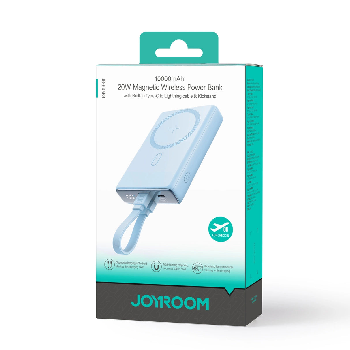 Powerbank Joyroom JR-PBM01 magnetisk 10000mAh 20W med stativ + Lightning kabel - USB-C - blå