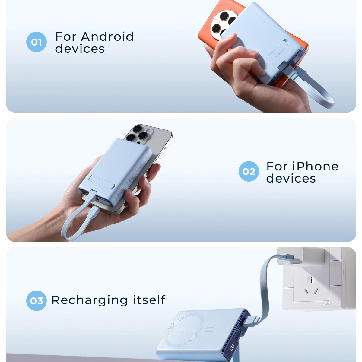 Powerbank Joyroom JR-PBM01 magnetisk 10000mAh 20W med stativ + Lightning kabel - USB-C - blå