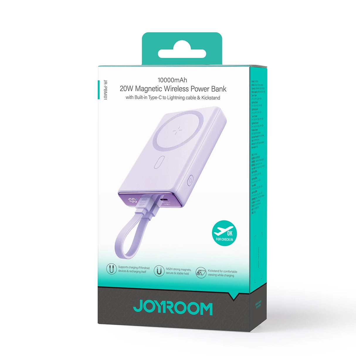 Powerbank Joyroom JR-PBM01 magnetisk 10000mAh 20W med stativ + Lightning kabel - USB-C - lilla