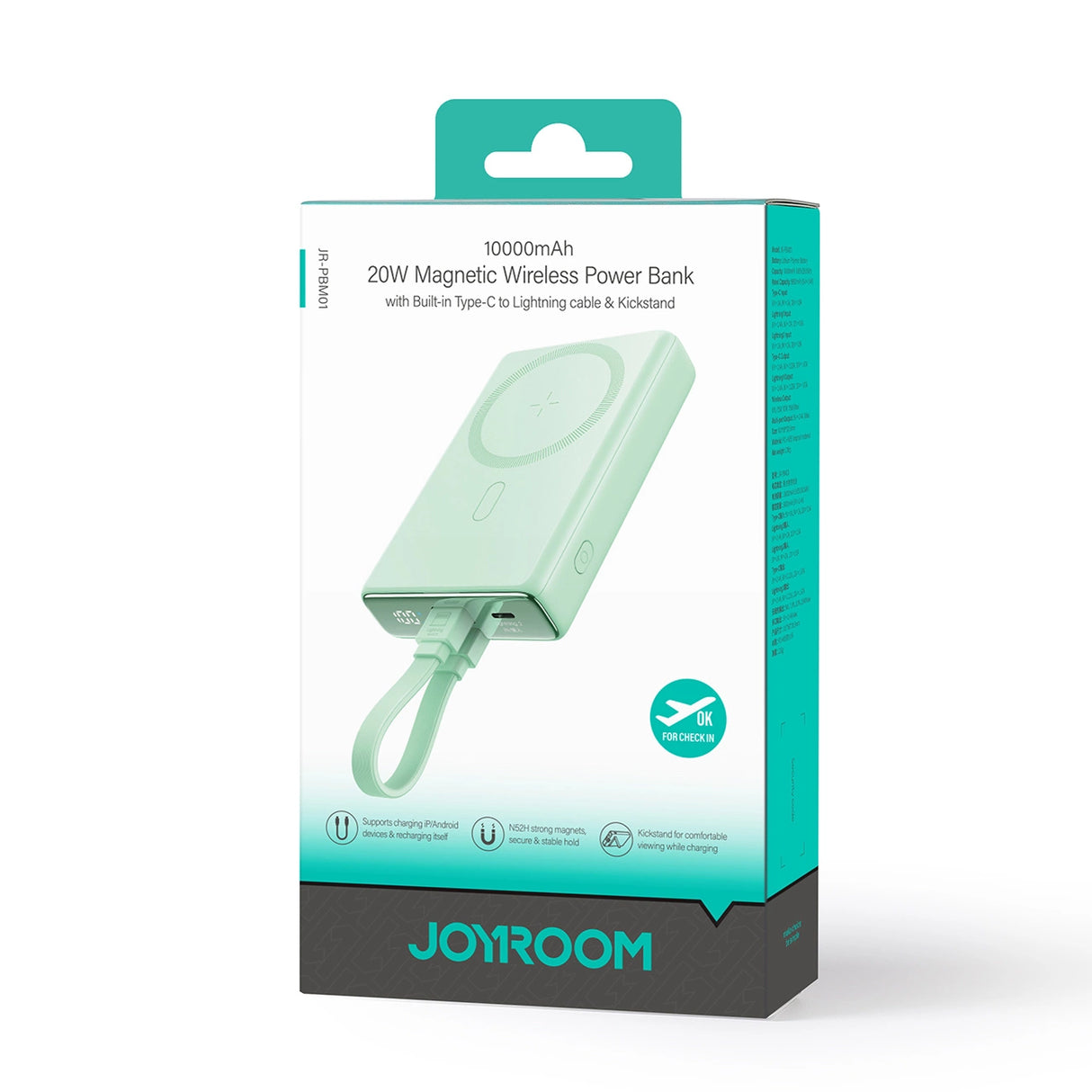 Powerbank Joyroom JR-PBM01 magnetisk 10000mAh 20W med stativ + Lightning kabel - USB-C - grøn
