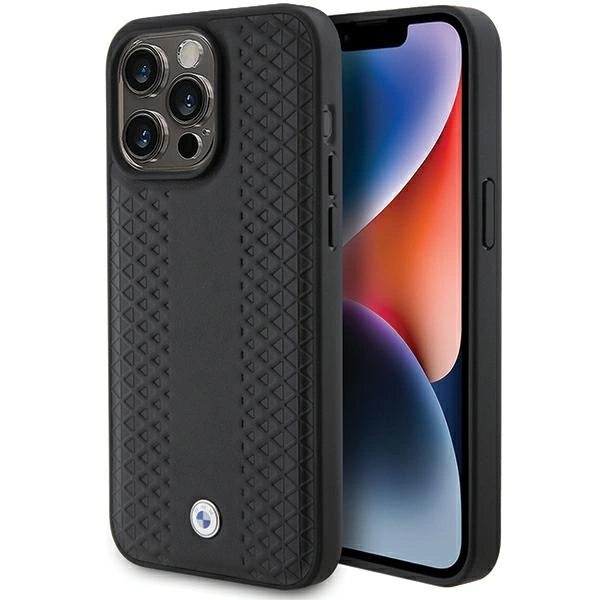 BMW læder Diamond mønster sag til iPhone 15 Pro - sort