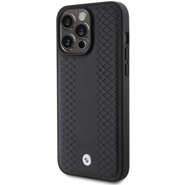 BMW læder Diamond mønster sag til iPhone 15 Pro Max - sort