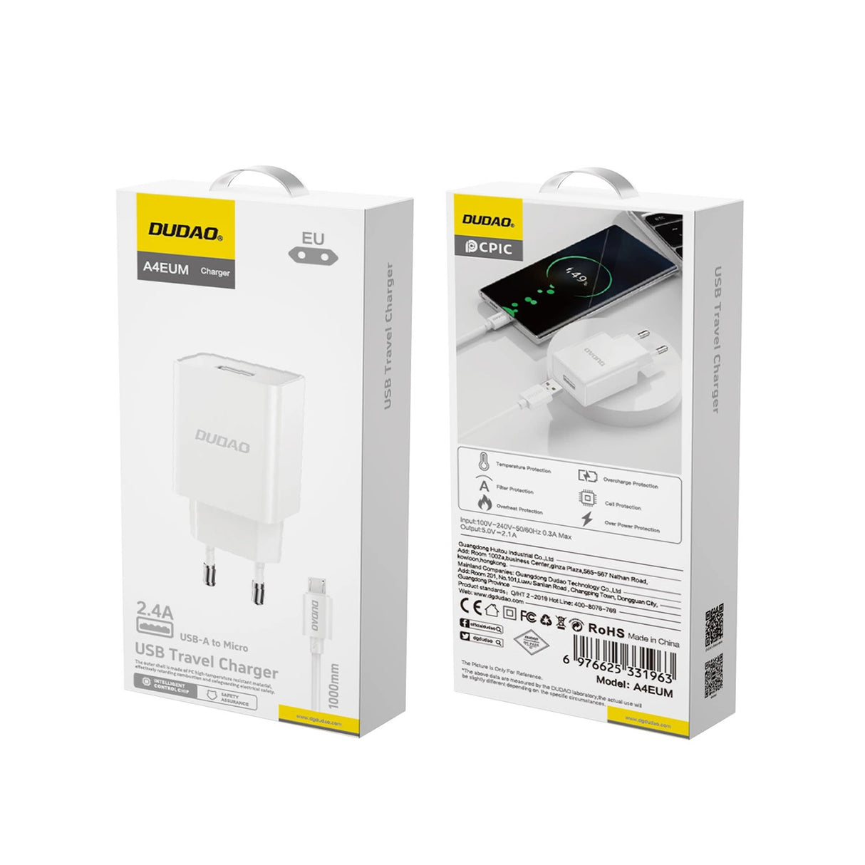 Dudao A4EU USB-A 2.1A vægoplader - hvid + USB-A - micro USB-kabel