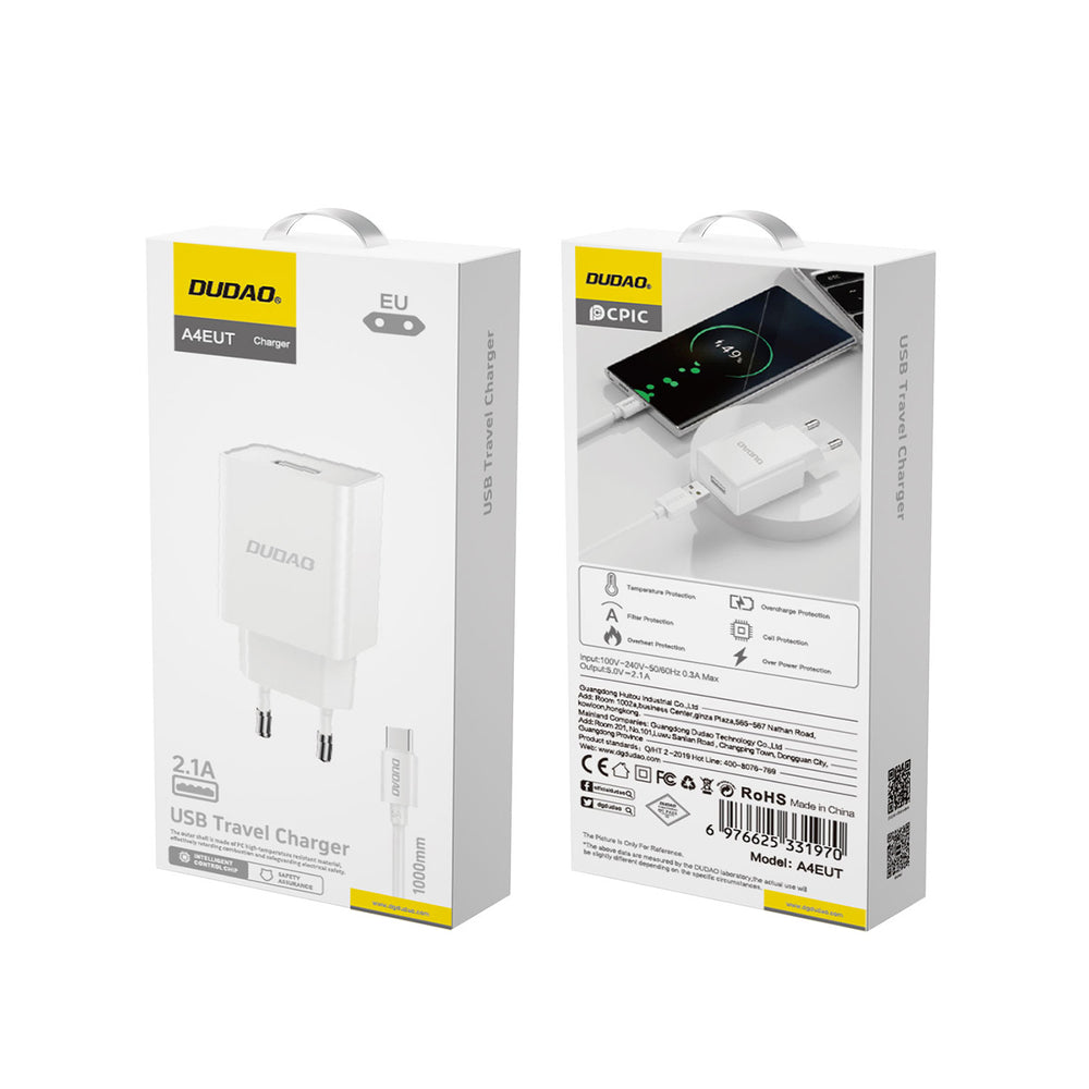 Dudao A4EU USB-A 2.1A vægoplader - hvid + USB-A - USB-C kabel