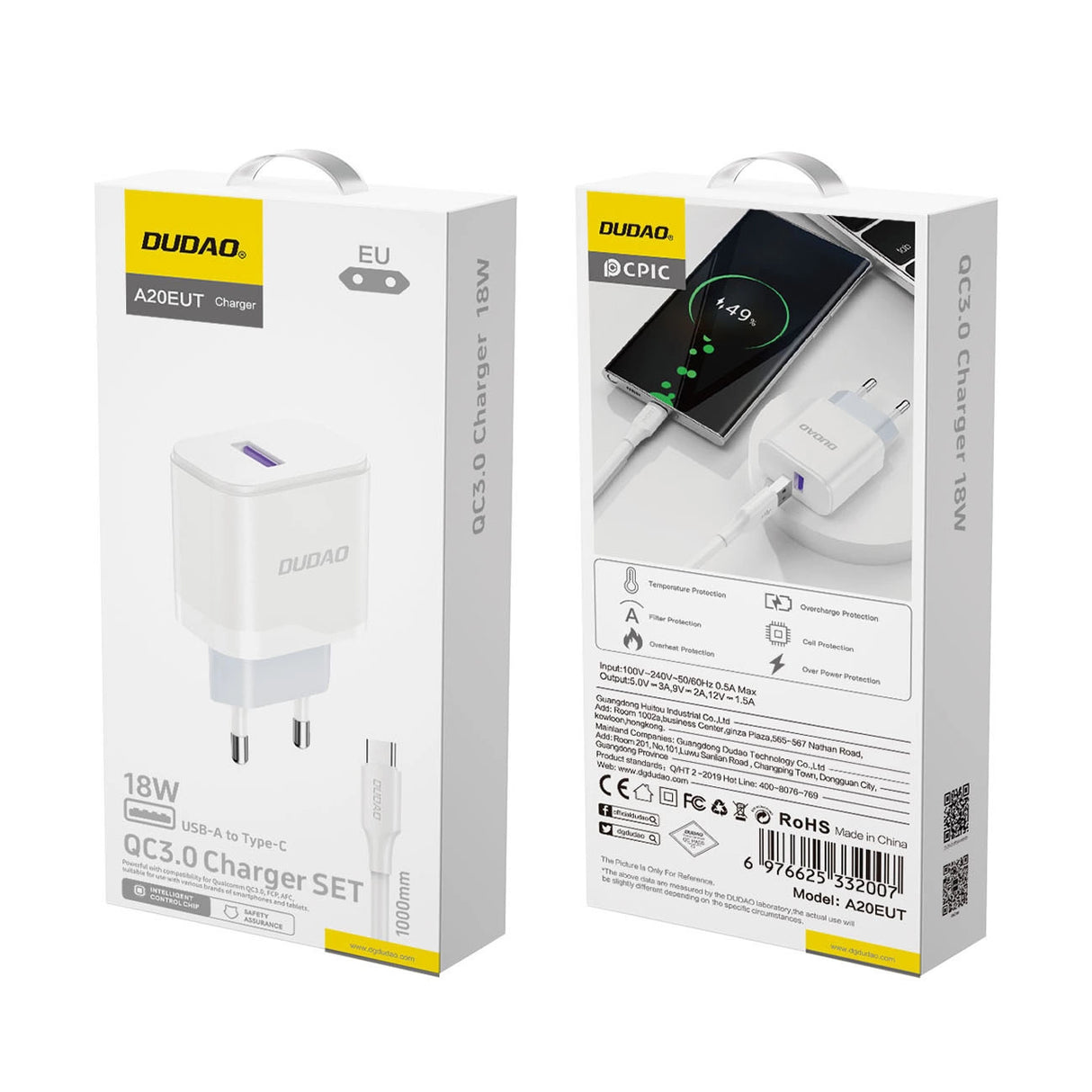 Dudao A20EU USB-A 18W netværksoplader - hvid + USB-A - USB-C kabel