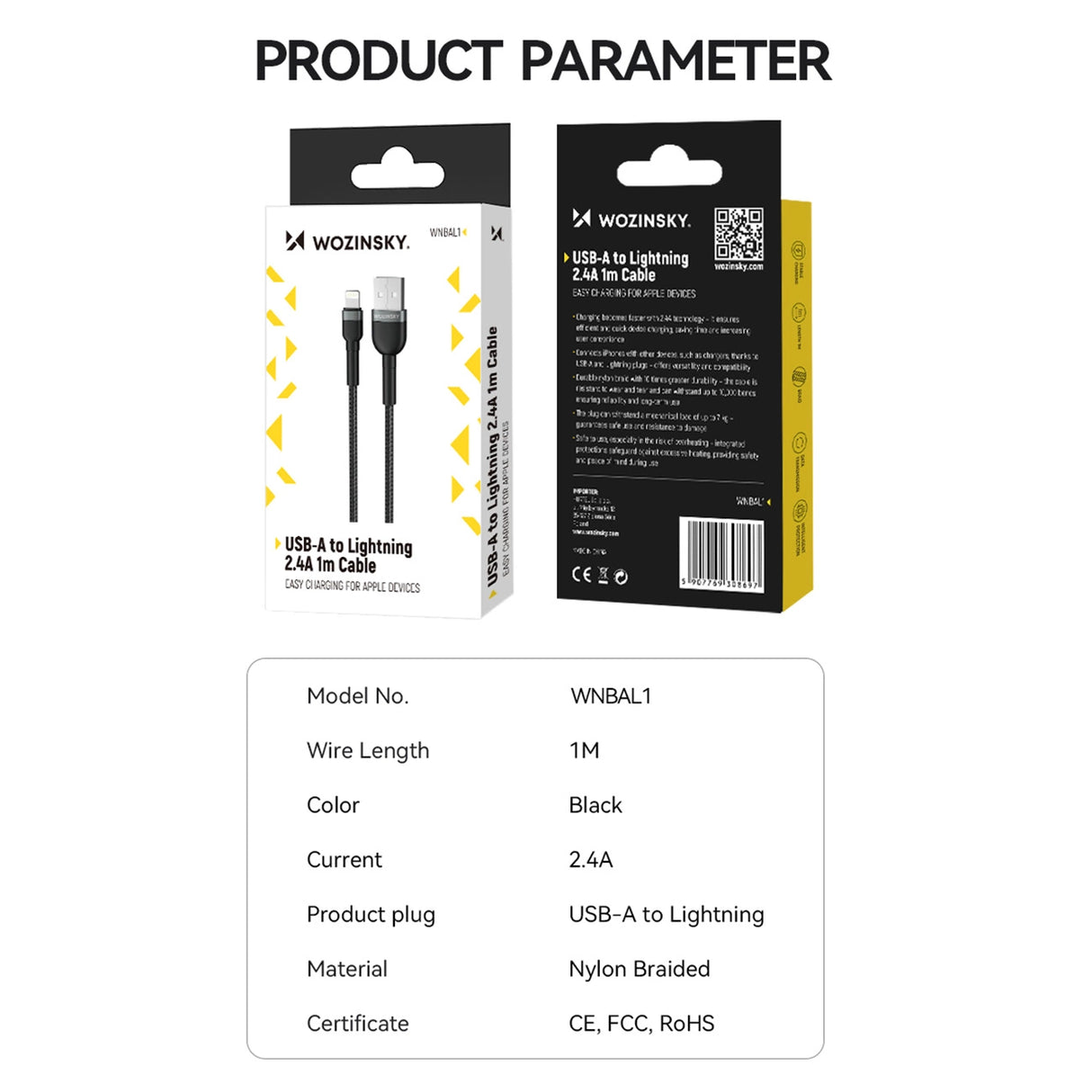 Wozinsky WNBAL1 USB-A / Lightning 2.4A kabel 1 m - sort