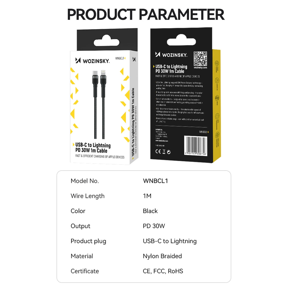 Wozinsky WNBCL1 Lightning / USB-C PD 30W kabel 1 m - sort