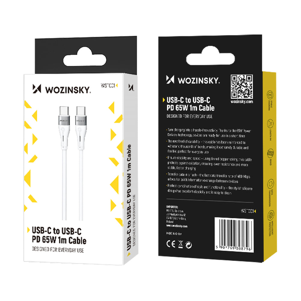 Wozinsky WSTCC1 USB-C / USB-C PD 65W kabel 1 m lang - hvid