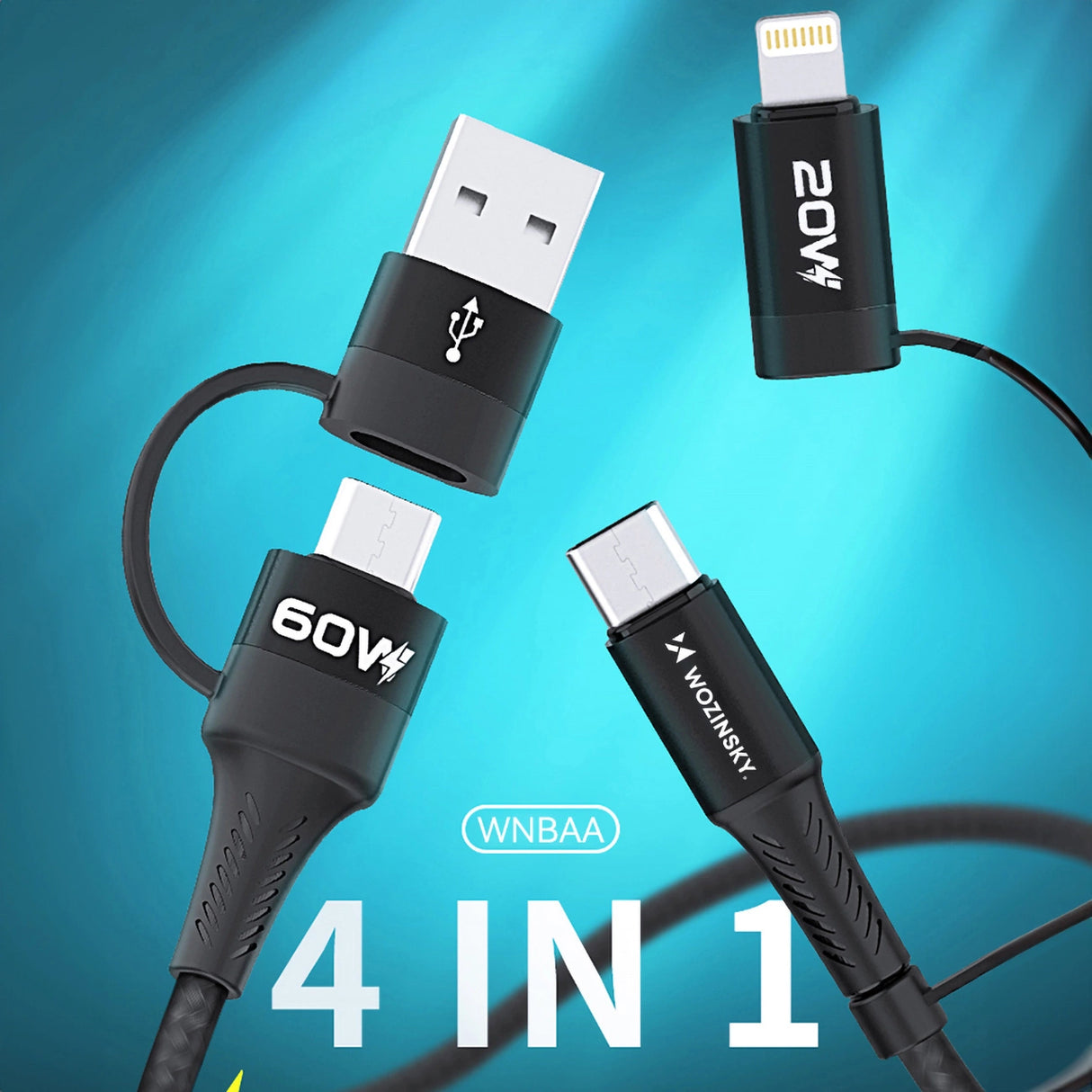 Wozinsky WNBAA 4in1 kabel 2x USB-C 1x USB-A 1x Lightning 60W 1 m - sort