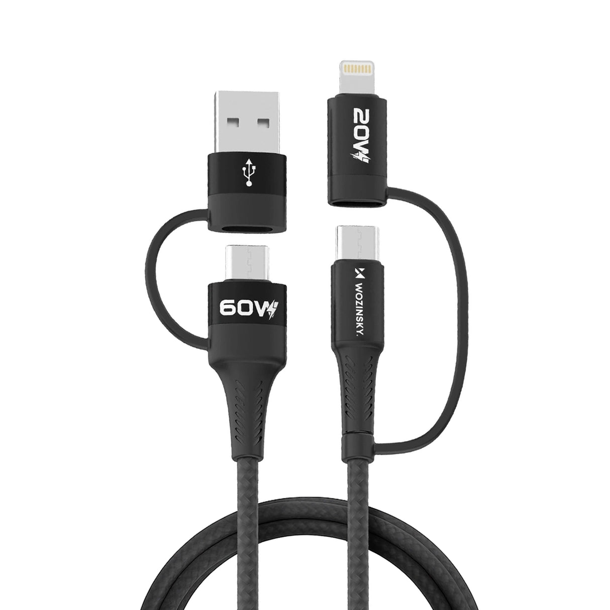 Wozinsky WNBAA 4in1 kabel 2x USB-C 1x USB-A 1x Lightning 60W 1 m - sort