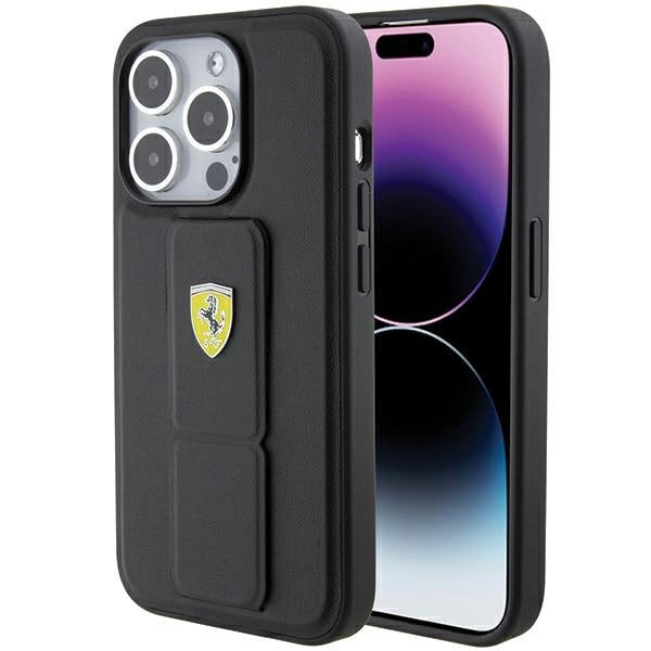 Ferrari Grip Stand Metal Logo-kasse til iPhone 15 Pro Max - sort