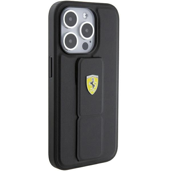 Ferrari Grip Stand Metal Logo-kasse til iPhone 15 Pro Max - sort
