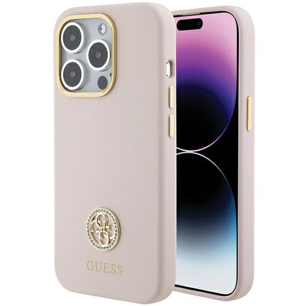 Guess Silicone Logo Strass 4G-hylster til iPhone 15 Pro - lyserød