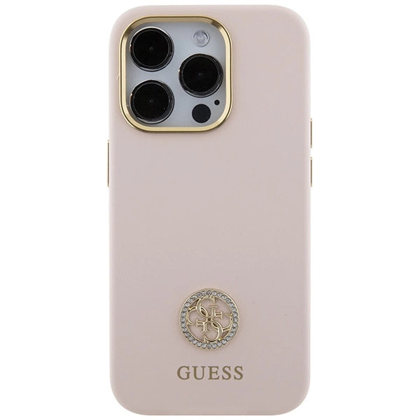 Guess Silicone Logo Strass 4G-hylster til iPhone 15 Pro - lyserød