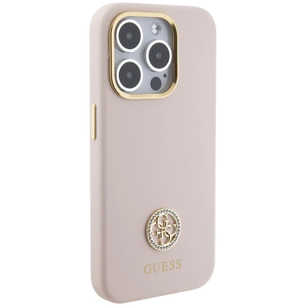 Guess Silicone Logo Strass 4G-hylster til iPhone 15 Pro - lyserød