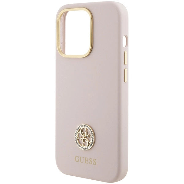 Guess Silicone Logo Strass 4G-hylster til iPhone 15 Pro - lyserød