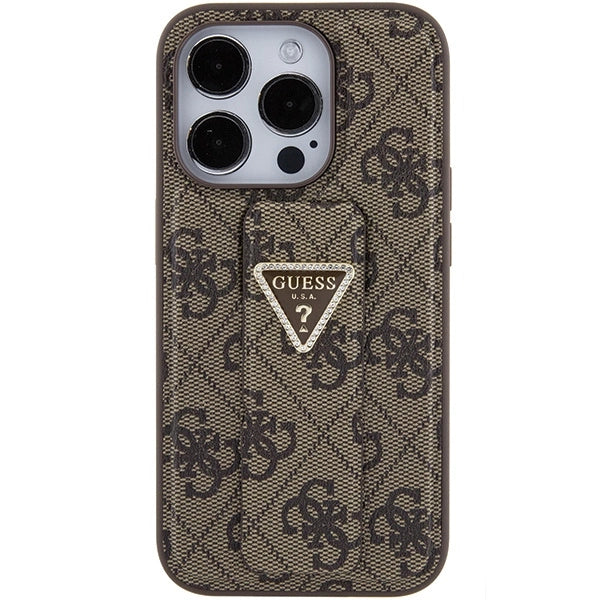 Guess Grip Stand 4G Triangle Strass case til iPhone 15 Pro - brun
