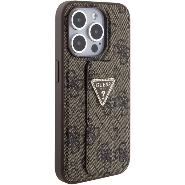 Guess Grip Stand 4G Triangle Strass case til iPhone 15 Pro - brun