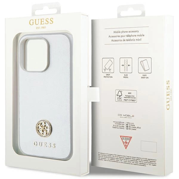Guess Strass Metal Logo-hylster til iPhone 15 Pro - sølv