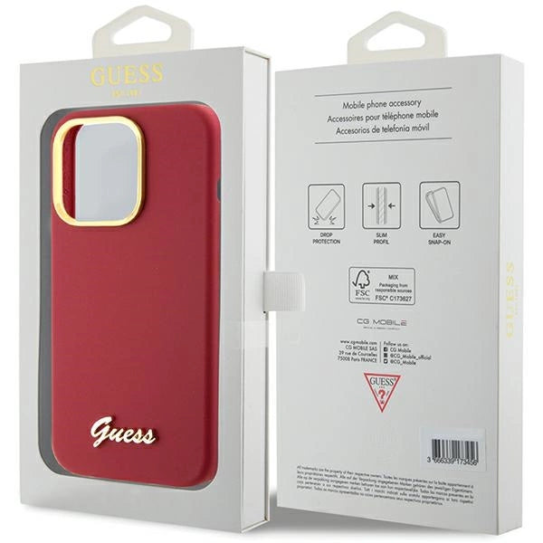 Guess Silicone Script Metal Logo & Frame Case til iPhone 15 Pro - rød