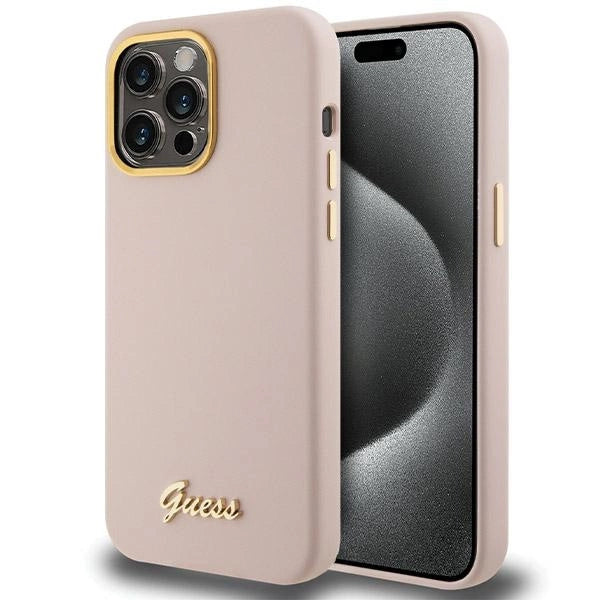 Guess Silicone Script Metal Logo & Frame case til iPhone 15 Pro - pink