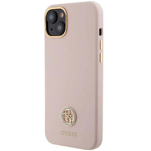 Guess Silicone Logo Strass 4G-hylster til iPhone 15 - lyserød