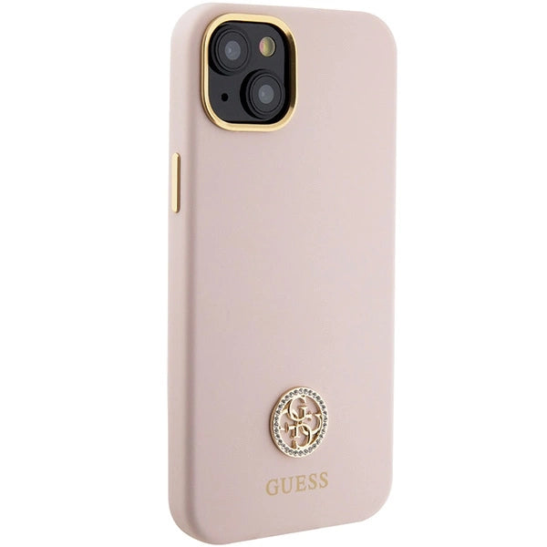 Guess Silicone Logo Strass 4G-hylster til iPhone 15 - lyserød