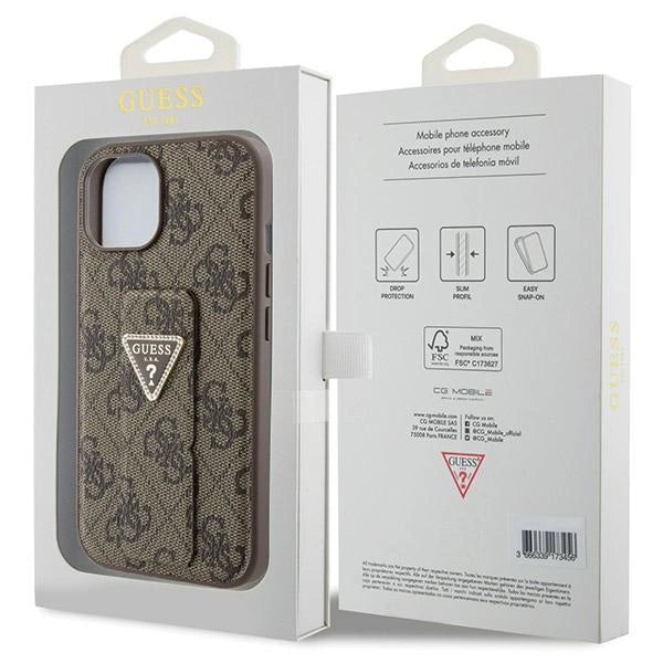 Guess Grip Stand 4G Triangle Strass fodtøj til iPhone 15 - brun