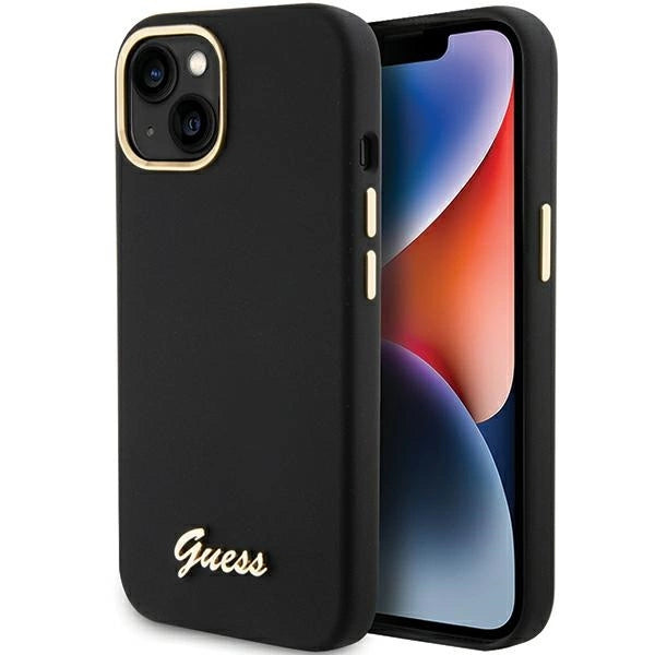 Guess Silicone Script Metal Logo & Frame Case til iPhone 15 - sort