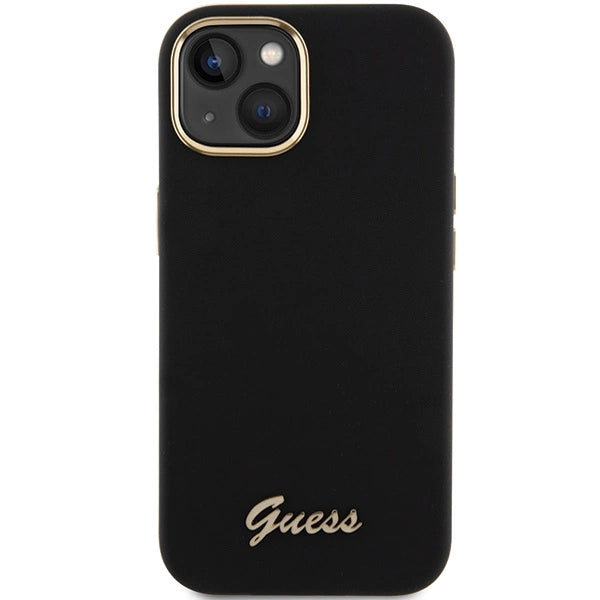 Guess Silicone Script Metal Logo & Frame Case til iPhone 15 - sort