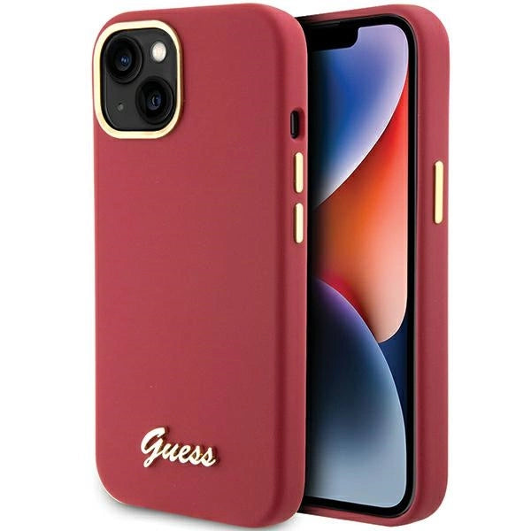 Guess Silicone Script Metal Logo & Frame Case til iPhone 15 - rød