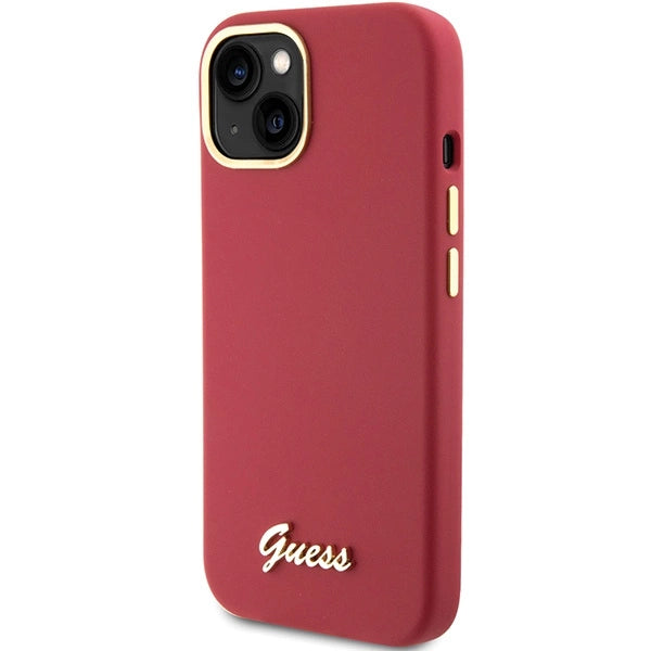 Guess Silicone Script Metal Logo & Frame Case til iPhone 15 - rød
