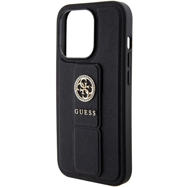 Guess Grip Stand 4G Saffiano Strass fodtøj til iPhone 15 Pro Max - sort